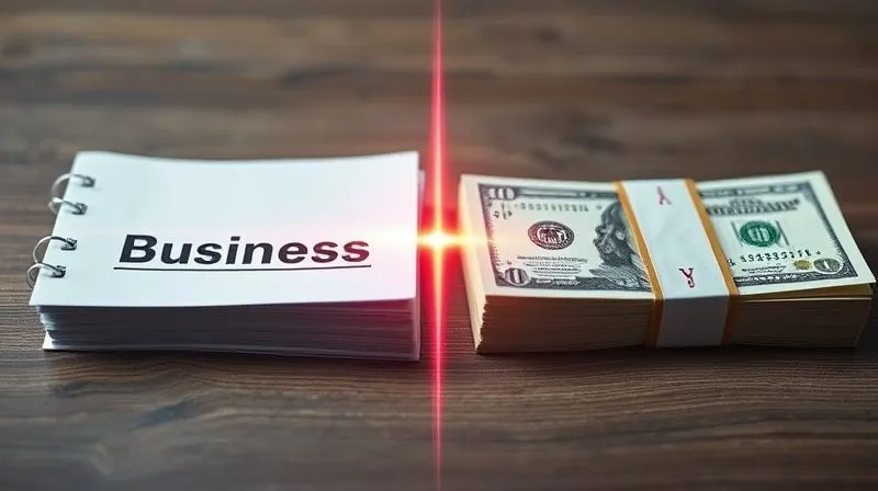 A photorealistic image of two distinct, clearly separated financial ledgers or stacks of money, one labeled "Business" and the other "Personal," with a strong, glowing line dividing them, symbolizing protection. Professional photography, 8K, cinematic lighting, sharp focus, depth of field, shot on a high-end DSLR.