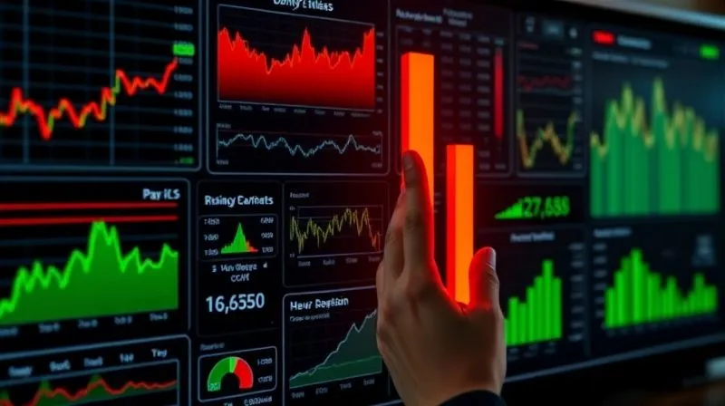 A photorealistic image of a dashboard with various financial charts and graphs displaying a mix of green and red indicators, with a hand pointing to a critical rising red bar, symbolizing early detection of financial distress. Professional photography, 8K, cinematic lighting, sharp focus, depth of field, shot on a high-end DSLR.