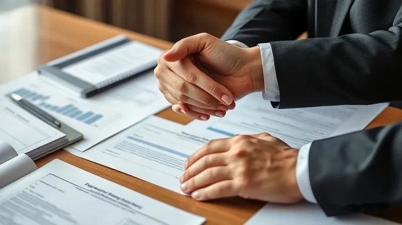 A photorealistic image of two hands shaking firmly across a table laden with financial documents, symbolizing a successful debt negotiation or restructuring agreement, with a sense of relief and mutual understanding. Professional photography, 8K, cinematic lighting, sharp focus, depth of field, shot on a high-end DSLR.