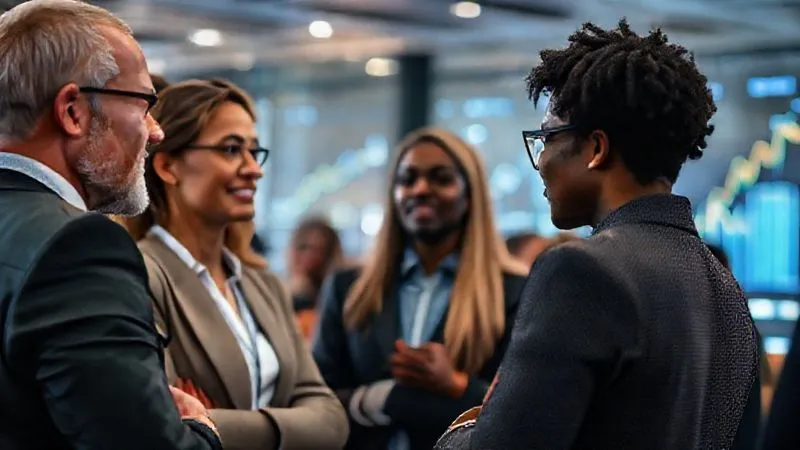 A photorealistic, professional photography, 8K, cinematic lighting, sharp focus, depth of field, shot on a high-end DSLR of diverse professionals engaged in a collaborative networking event, with subtle visual cues of financial charts or growth projections in the background, symbolizing shared success and opportunity.