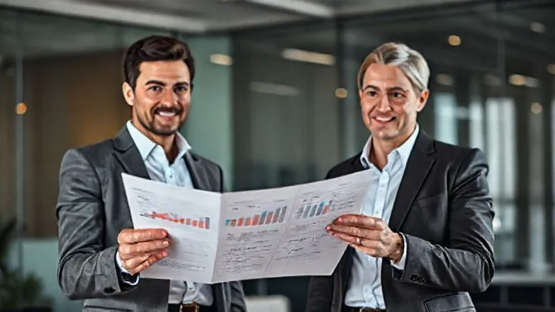 A photorealistic, professional photography, 8K, cinematic lighting, sharp focus, depth of field, shot on a high-end DSLR of two professionals, one presenting a well-organized chart or report to another in a modern office setting, symbolizing a successful salary negotiation or a proposal for career advancement. Their expressions are confident and engaged.