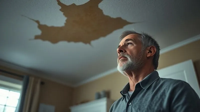 A photorealistic image depicting a worried homeowner looking at a significant water stain spreading across their ceiling. The scene is dimly lit, emphasizing the stress, with a strong focus on the homeowner's concerned expression and the visible damage. Cinematic lighting, sharp focus, depth of field, 8K hyper-detailed, professional photography, shot on a high-end DSLR.