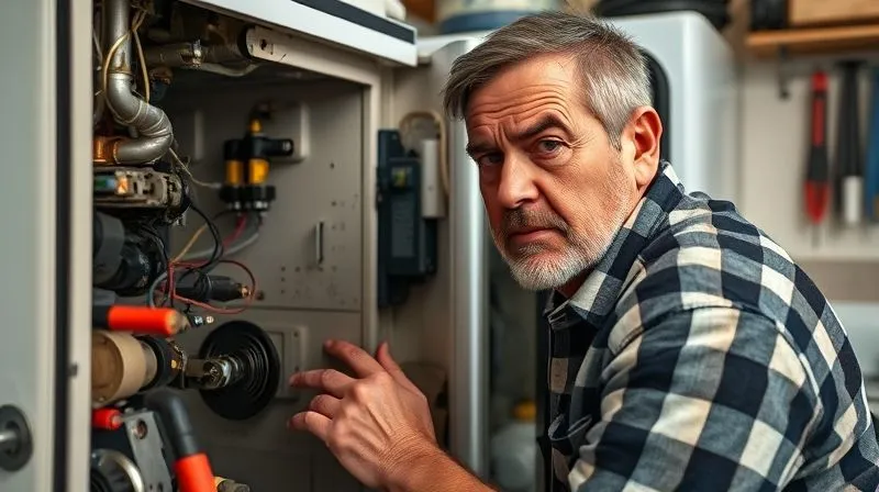 A photorealistic image of a homeowner looking frustrated at a disassembled appliance or a complex plumbing system, surrounded by tools, with a look of confusion and slight regret. The lighting emphasizes the challenge of the task. Cinematic lighting, sharp focus on the homeowner's expression and the complex parts, depth of field, 8K hyper-detailed, professional photography, shot on a high-end DSLR.