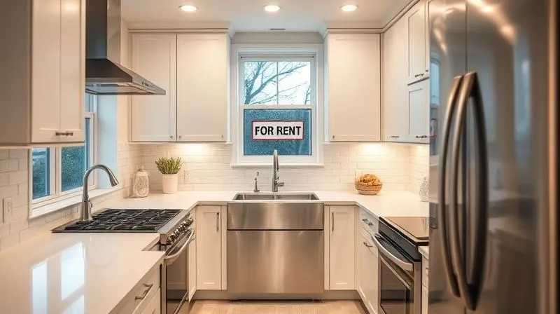 photorealistic, professional photography, 8K, cinematic lighting, sharp focus, depth of field, shot on a high-end DSLR, a modern, freshly renovated kitchen with gleaming stainless steel appliances and light-colored countertops. The lighting is bright and inviting, showcasing the clean lines and updated aesthetic. A 'For Rent' sign is subtly visible in the window, implying successful modernization.