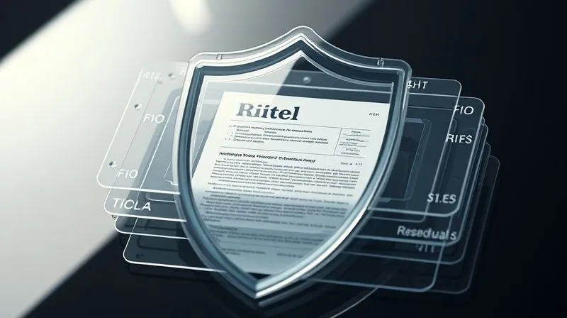 A photorealistic, professional photography, 8K, cinematic lighting, sharp focus, depth of field, shot on a high-end DSLR of several transparent, interlocking layers of protective glass or armor, each labeled with a different rider name (e.g., FIO, COLA, Residual), forming a robust shield around a core financial document. The image conveys layered, comprehensive protection.