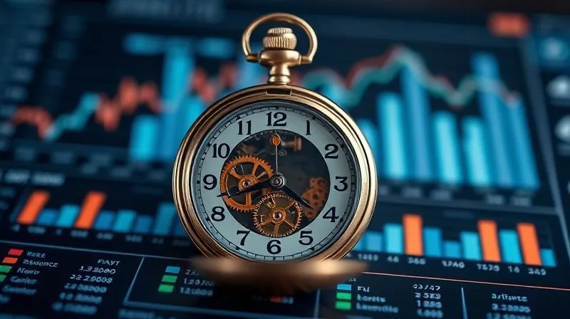 A photorealistic image of a vintage pocket watch with gears exposed, superimposed over a modern digital financial dashboard, symbolizing the need for periodic review and adjustment of long-term financial plans. Professional photography, 8K, cinematic lighting, sharp focus, depth of field.