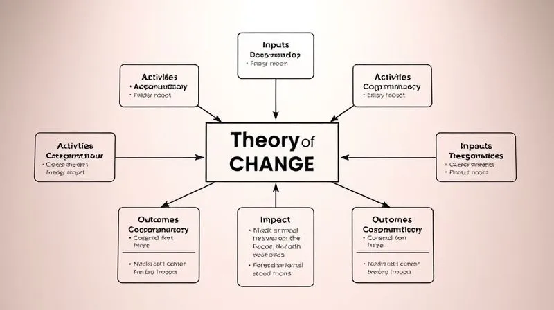 A photorealistic diagram showing a clear 'Theory of Change' model, with interconnected boxes representing inputs, activities, outputs, outcomes, and impact, rendered with professional iconography and soft, inviting light. 8K, cinematic lighting, sharp focus, depth of field.
