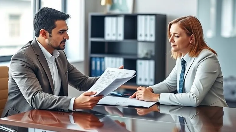 A photorealistic image of a confident business owner presenting a detailed financial report to a bank loan officer across a desk, both engaged in serious discussion. Professional office setting, natural light, sharp focus on the documents, 8K, depth of field.