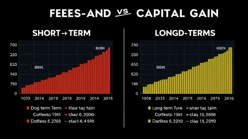A photorealistic infographic illustrating the difference between short-term and long-term capital gains, with two distinct financial graphs showing different holding periods and corresponding tax rates. Cinematic lighting, sharp focus, 8K hyper-detailed.