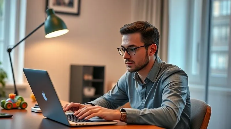 A photorealistic image of a busy professional, mid-30s, working on a laptop at a stylish home desk during the evening. A toddler's toy is subtly visible in the background, implying family commitments. The professional looks focused but calm, illuminated by soft desk lamp light, with a cup of herbal tea. Cinematic lighting, sharp focus on the professional, depth of field blurring the background, 8K hyper-detailed, professional photography.