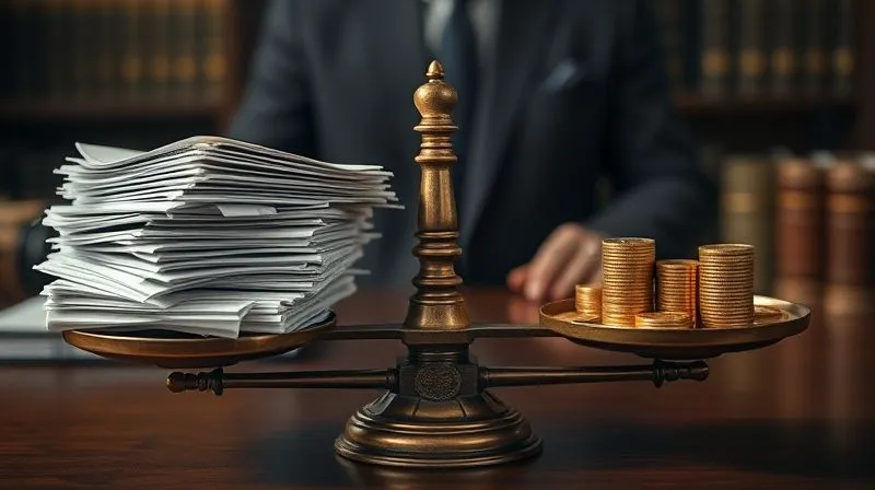 photorealistic, professional photography, 8K, cinematic lighting, sharp focus, depth of field, shot on a high-end DSLR. A detailed, antique-looking balance scale with one side heavily weighed down by a stack of complex business documents and a small, intricate model of a factory, while the other side holds a single, small pile of gold coins. The background is blurred, showing a somber legal office, emphasizing the imbalance between illiquid assets and liquid cash for tax obligations.