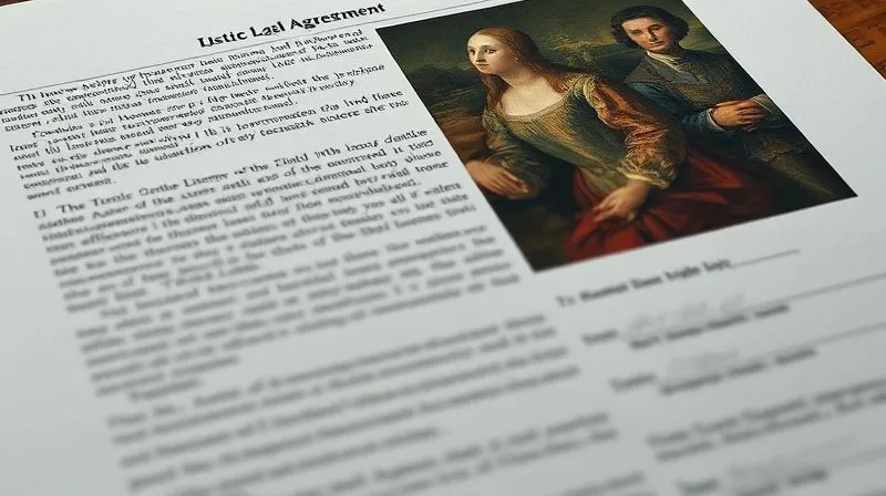 A photorealistic image of a complex legal document with intricate clauses and signatures, overlaid with a transparent, ethereal image of a classical painting, symbolizing the legal framework surrounding artistic assets. Cinematic lighting, sharp focus on the document details, depth of field blurring the painting's edges, 8K hyper-detailed, professional photography.