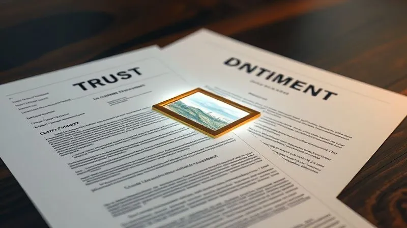 A photorealistic, detailed rendering of a complex financial trust document, with a subtle, glowing outline of a framed art piece embedded within its structure. The image conveys security and strategic planning, with professional typography and a rich, dark wood table background. Cinematic lighting, sharp focus, depth of field, 8K hyper-detailed, professional photography.