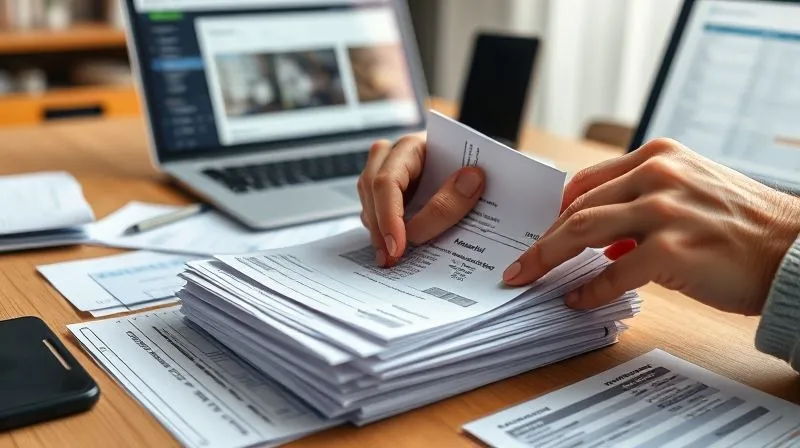 Photorealistic, professional photography, 8K, cinematic lighting, sharp focus, depth of field, shot on a high-end DSLR. A person's hands meticulously organizing a stack of receipts, recall notices, and insurance documents on a neat desk, with a laptop displaying a recall database in the background. The scene exudes diligence and careful financial management.