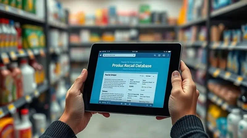 Photorealistic, professional photography, 8K, cinematic lighting, sharp focus, depth of field, shot on a high-end DSLR. A person's hands holding a tablet displaying a clear, official product recall database website, with a blurred background of various household products on shelves. The image conveys digital vigilance and informed consumer action.