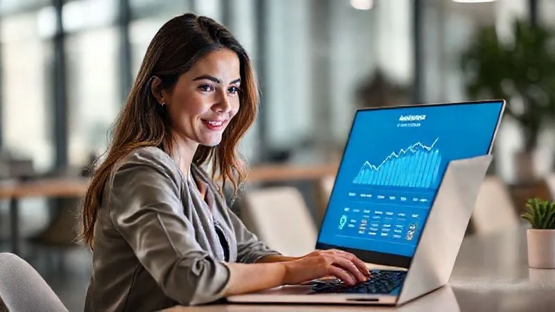 Photorealistic image of a woman looking confidently at a laptop screen displaying a positive credit score graph, with a subtle glow representing financial success. Bright, natural lighting, sharp focus on the woman and screen, depth of field blurring a modern office background. 8K hyper-detailed, professional photography, shot on a high-end DSLR.