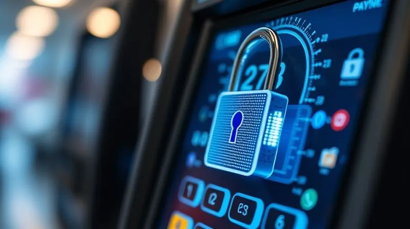 A photorealistic, professional photography, 8K, cinematic lighting, sharp focus on a digital lock and key protecting a payment terminal, depth of field blurring the background, shot on a high-end DSLR, symbolizing strong transaction security.