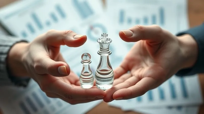 photorealistic, professional photography, 8K, cinematic lighting, sharp focus, depth of field, shot on a high-end DSLR, two hands holding a transparent glass chess piece depicting a business entity, one hand representing an 'asset sale' breaking it into pieces, the other representing a 'stock sale' holding it whole, with blurred financial documents in the background, symbolizing the strategic choice and its tax implications.