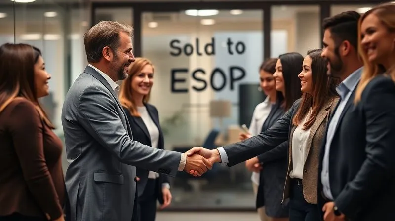 photorealistic, professional photography, 8K, cinematic lighting, sharp focus, depth of field, shot on a high-end DSLR, a diverse group of smiling employees in a modern office, shaking hands with a departing business owner, with a blurred background showing a 'Sold to ESOP' sign on the office door, symbolizing a successful and harmonious transition of ownership.