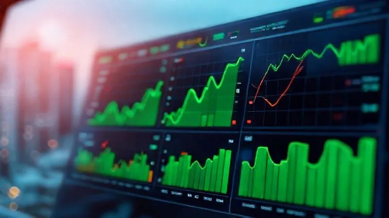 Photorealistic, professional photography, 8K, cinematic lighting, sharp focus on a sophisticated financial dashboard displaying various investment portfolios with green upward trends and subtle red downward indicators, symbolizing strategic asset management. The background is a blurred cityscape, conveying financial expertise. Shot on a high-end DSLR, with depth of field highlighting the data visualization.