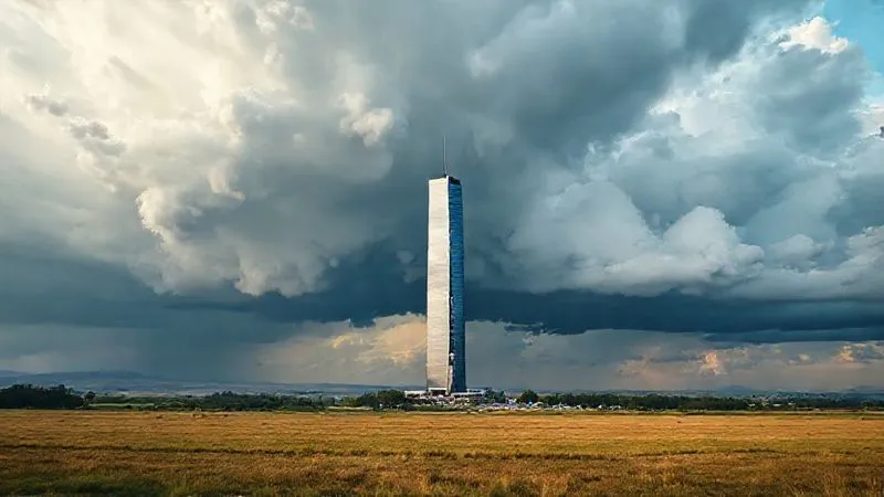 A photorealistic image of a single, towering skyscraper standing amidst a vast, open landscape, with storm clouds gathering in the distance, symbolizing the inherent risk and exposure of a concentrated asset. Cinematic lighting, sharp focus on the skyscraper, depth of field blurring the background, 8K hyper-detailed.