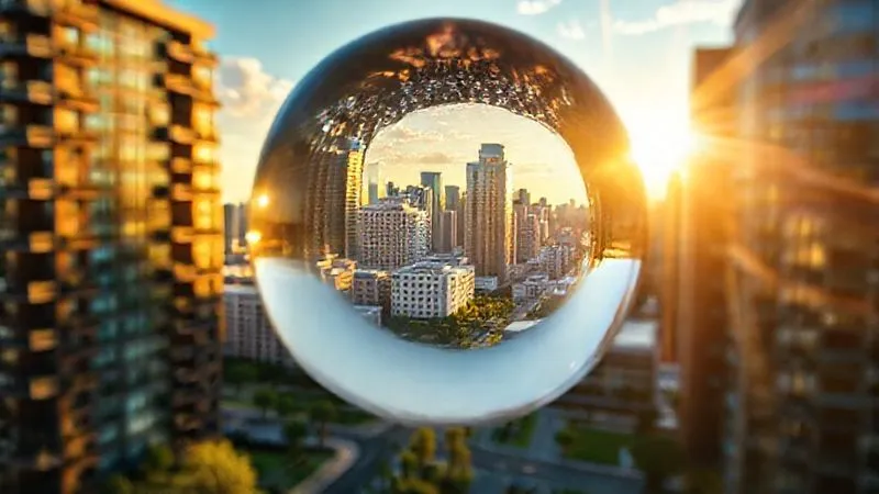 A photorealistic image of a vibrant, revitalized urban landscape with new buildings and green spaces, viewed through a prism that refracts light, symbolizing the transformative power and tax benefits of Qualified Opportunity Zone investments. Golden hour lighting, sharp focus on the urban scene, depth of field blurring the prism's edges, 8K hyper-detailed.