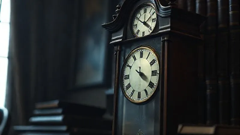 A photorealistic image of an elegant, antique grandfather clock in a dimly lit, sophisticated study, with a single beam of light illuminating its face, symbolizing the passage of time and the 'step-up in basis' concept in estate planning. Muted colors, sharp focus on the clock, depth of field blurring the background of leather-bound books, 8K hyper-detailed.