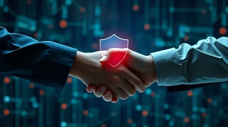 A photorealistic, professional photography, 8K, cinematic lighting, sharp focus, depth of field, shot on a high-end DSLR, of a digital handshake between two abstract entities, one representing a bank and the other a third-party provider, with a transparent, glowing shield of compliance and trust forming around their connection. The background is a complex, secure digital network.