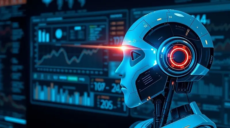 A photorealistic, professional photography, 8K, cinematic lighting, sharp focus, depth of field, shot on a high-end DSLR, of a holographic interface displaying complex data graphs and regulatory text, with an AI bot's glowing optical sensor intently monitoring the information, symbolizing automated compliance and RegTech solutions. The scene is futuristic and highly organized, emphasizing efficiency and accuracy.