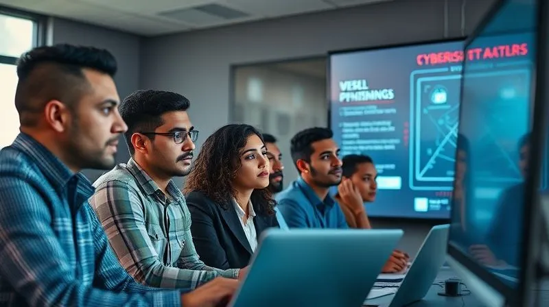 A photorealistic image of a diverse group of insurance professionals attentively participating in a cybersecurity training session, looking at a large screen displaying a graphic about phishing attacks. The atmosphere is collaborative and serious, with cinematic lighting highlighting their focused expressions. Professional photography, 8K, sharp focus, depth of field.