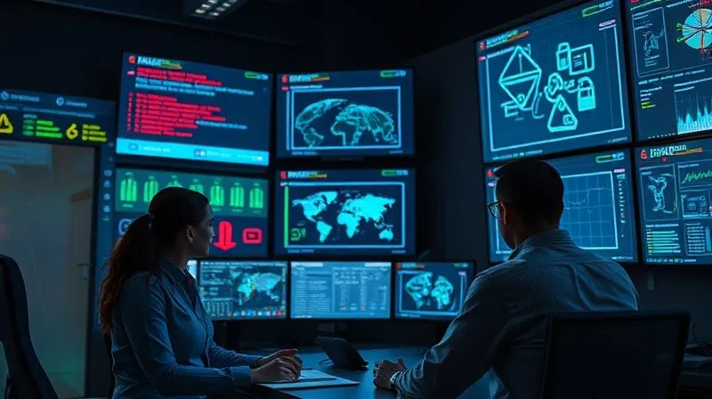 A photorealistic image of a crisis response team in a modern command center, looking at multiple screens displaying data breach alerts and network diagrams. The team members are calm but focused, communicating effectively. Cinematic lighting, professional photography, 8K, sharp focus, depth of field.