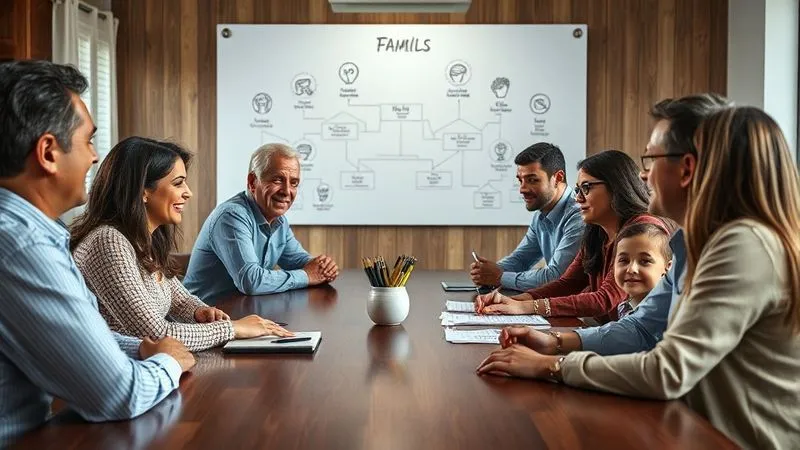 A photorealistic, professional photography, 8K, cinematic lighting, sharp focus, depth of field, shot on a high-end DSLR, showing a diverse group of family members of different generations sitting around a polished wooden table, actively engaged in discussion, with a large, elegant whiteboard in the background showing interconnected ideas, values, and a family tree, conveying collaboration and shared understanding.
