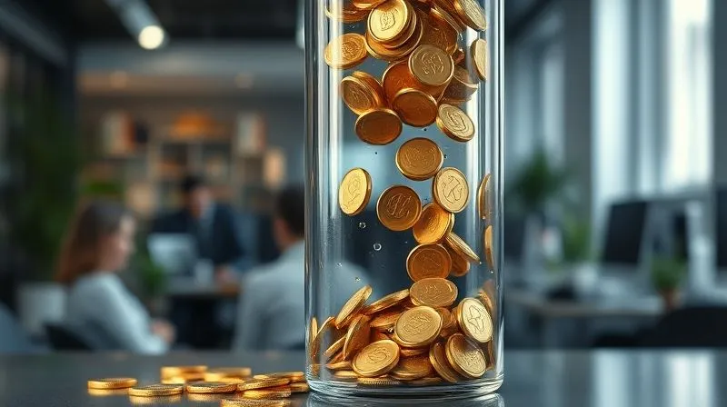 A photorealistic image of a clear, flowing stream of golden coins cascading into a transparent glass container, symbolizing robust and healthy cash flow. The background is a subtly blurred, busy office environment, representing a scaling business. Professional photography, 8K, cinematic lighting, sharp focus on the coins and container, depth of field blurring the background, shot on a high-end DSLR.