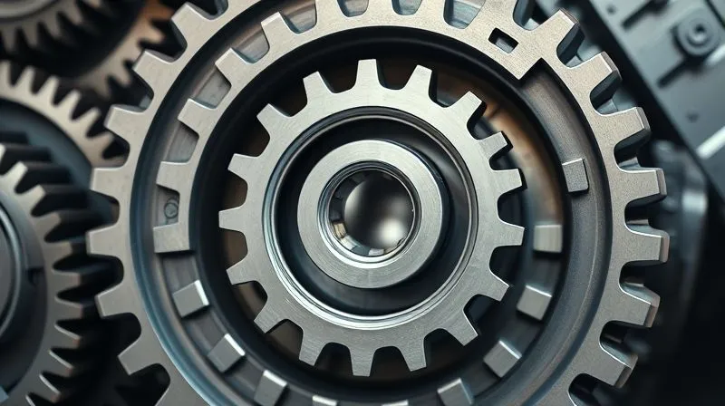 A photorealistic image of a complex gear system, with each gear perfectly interlocking and turning smoothly, symbolizing highly efficient and optimized operational processes. One larger, central gear represents technology integration. Professional photography, 8K, cinematic lighting, sharp focus on the gears, depth of field blurring the background, shot on a high-end DSLR.