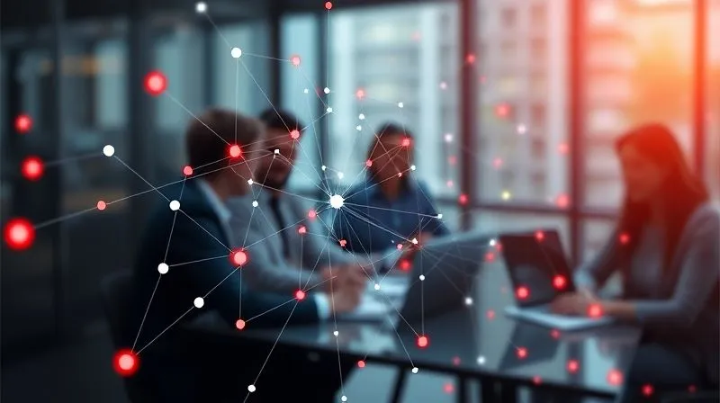 A photorealistic image of a complex network of interconnected nodes and lines on a digital interface, with some nodes highlighted in red indicating potential risks, against a blurred background of a business team in a strategy meeting. Professional photography, 8K, cinematic lighting, sharp focus on the digital interface, depth of field blurring the background, shot on a high-end DSLR.