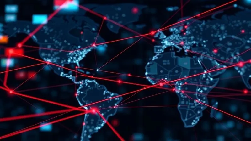 A photorealistic, professional photography image depicting a complex, interconnected web of global supply chains and digital networks, with subtle red lines indicating potential stress points or disruptions. In the background, abstract, glowing geopolitical symbols (like flags or power graphs) are faintly visible. 8K, cinematic lighting, sharp focus, depth of field, shot on a high-end DSLR.