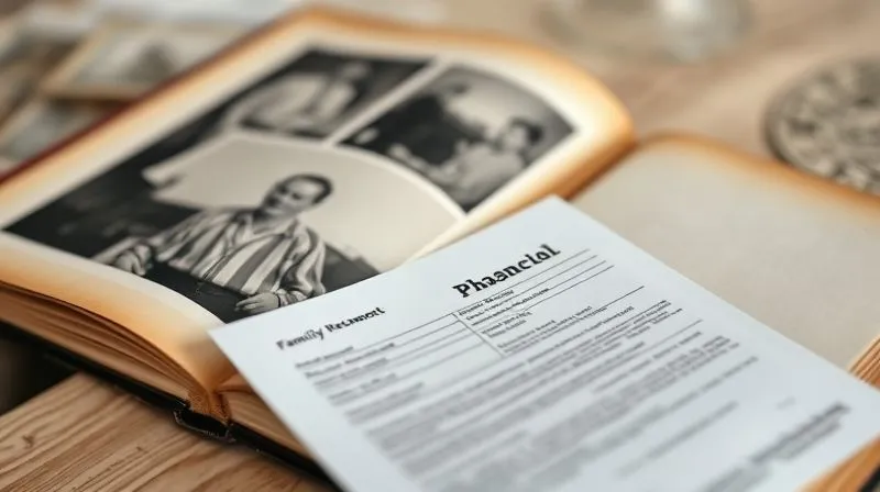 A photorealistic image of a vintage family photo album open to a page with an old photograph, with a modern financial document partially visible in the foreground, symbolizing the intersection of generational wealth and financial planning. Professional photography, 8K, cinematic lighting, sharp focus on the documents, depth of field.