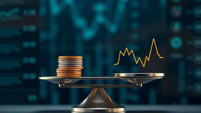 A photorealistic image of a digital scale with two different cryptocurrencies on each side. One side shows a stablecoin stack, perfectly balanced, while the other side has a rapidly fluctuating, jagged line representing a volatile asset, causing the scale to tilt. The background is a blurred, futuristic DeFi interface. professional photography, 8K, cinematic lighting, sharp focus, depth of field, shot on a high-end DSLR.