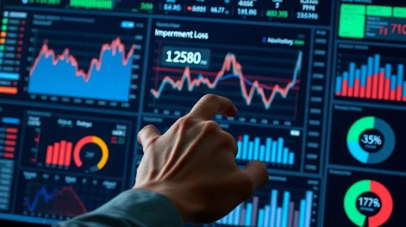 A photorealistic image of a digital dashboard displaying complex financial charts and metrics. A user's hand is hovering over a touchscreen, ready to adjust parameters on a graph showing impermanent loss calculations. The interface is clean, modern, and data-rich. professional photography, 8K, cinematic lighting, sharp focus, depth of field, shot on a high-end DSLR.