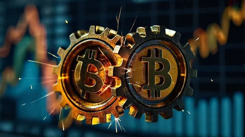 A photorealistic, professional photography, 8K, cinematic lighting, sharp focus, depth of field, shot on a high-end DSLR, depicting two intertwined gears, one made of digital code and the other of gold coins, grinding against each other with sparks, symbolizing the friction and rebalancing of assets in a volatile DeFi liquidity pool. The background shows blurred upward and downward trending financial charts.
