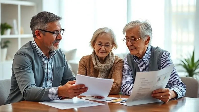 A photorealistic, professional photography, 8K, cinematic lighting, sharp focus, depth of field, shot on a high-end DSLR, showing a compassionate financial advisor explaining complex financial documents to an attentive senior couple in a modern, well-lit office. The focus is on the interaction and the clarity of communication, with charts or financial papers subtly visible on the table.
