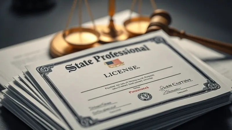 A photorealistic close-up of a state professional license laid on top of a stack of blurred legal documents, with a gavel and scales of justice in the background. The lighting is sharp and professional, highlighting the license. Professional photography, 8K, cinematic lighting, sharp focus, depth of field, shot on a high-end DSLR.