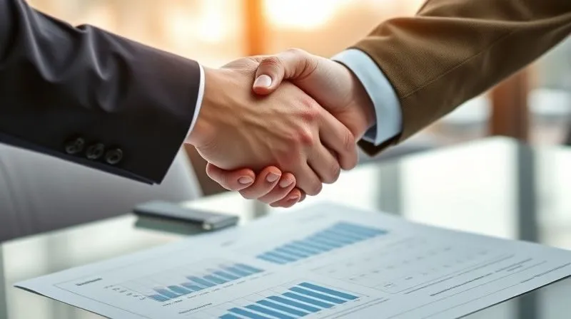 A photorealistic image of two hands, one in a professional suit sleeve and the other in a business casual sleeve, shaking firmly over a financial report or a balanced ledger. The background is a softly blurred modern office. The image conveys trust, agreement, and financial stability. Professional photography, 8K, cinematic lighting, sharp focus, depth of field, shot on a high-end DSLR.