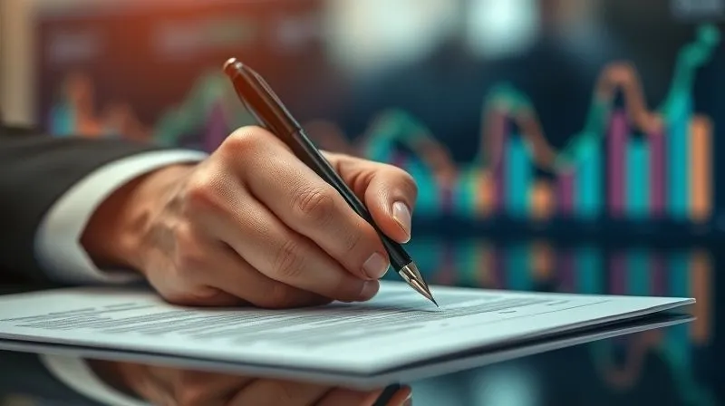 A photorealistic image of a hand signing a loan document with a pen, with a blurred backdrop of financial graphs showing stability. The focus is on the signature and the professional context. Professional photography, 8K, cinematic lighting, sharp focus, depth of field blurring the background, shot on a high-end DSLR, emotionally resonant with decisive financial action.