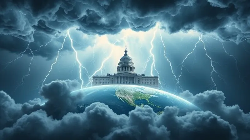 A photorealistic image of a turbulent financial storm brewing over a globe, with lightning bolts striking government buildings, representing global interest rate hikes and their impact on national economies. Cinematic lighting, professional photography, 8K, sharp focus, depth of field, shot on a high-end DSLR.