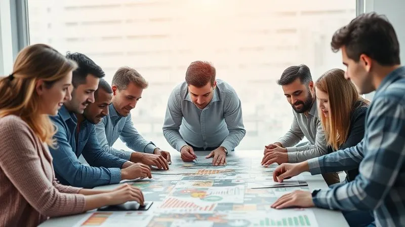 A photorealistic image of a diverse group of people from various industries collaborating on a complex economic puzzle, with growth charts and innovation symbols subtly integrated into the background. Professional photography, 8K, cinematic lighting, sharp focus, depth of field, shot on a high-end DSLR.