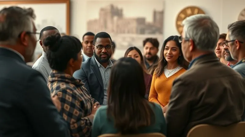 A photorealistic, professional photography, 8K, cinematic lighting, sharp focus, depth of field, shot on a high-end DSLR, depicting a diverse group of community members engaged in a constructive dialogue with a developer at a public meeting. The atmosphere should be one of active listening and respectful exchange, with architectural renderings visible in the background.