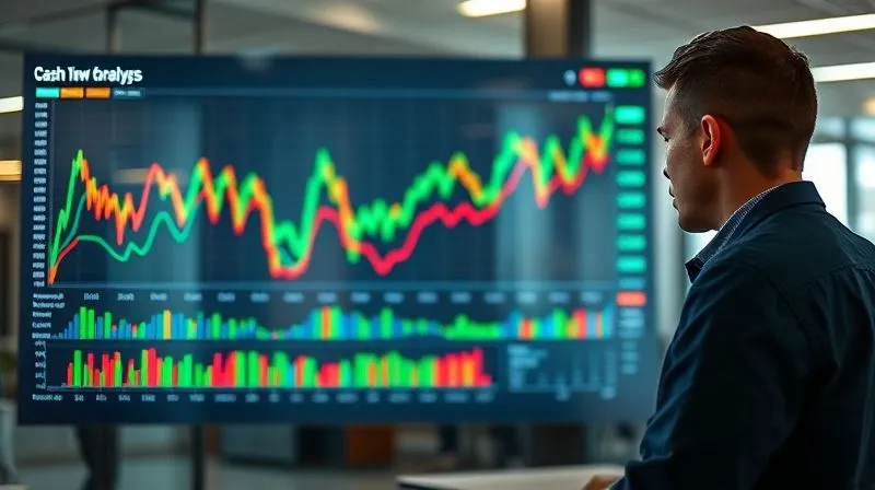 A photorealistic image of a financial analyst intently studying a dynamic, multi-colored cash flow forecast chart projected onto a large, transparent screen in a modern office. Data points are moving and updating in real-time, showing trends and projections. Professional photography, 8K, cinematic lighting, sharp focus on the analyst and screen, depth of field blurring the background, shot on a high-end DSLR.