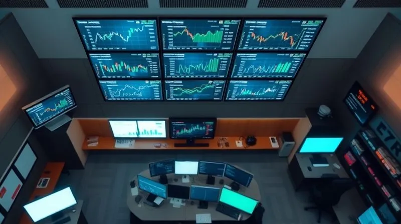 A photorealistic overhead shot of a corporate treasury department, with multiple screens displaying real-time financial data, dashboards, and charts. The atmosphere is calm and controlled, reflecting efficient operations. Professional photography, 8K, cinematic lighting, sharp focus on the screens and data, depth of field blurring the background, shot on a high-end DSLR.