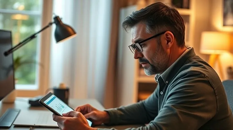 A photorealistic, professional photography, 8K, cinematic lighting, sharp focus, depth of field, shot on a high-end DSLR, of a person in a clean, modern home office, intently reviewing a detailed digital credit report on a tablet. The screen displays charts and figures, with the person's expression conveying focused vigilance. Subtle, warm lighting from a desk lamp illuminates their face, creating an atmosphere of diligence and control.